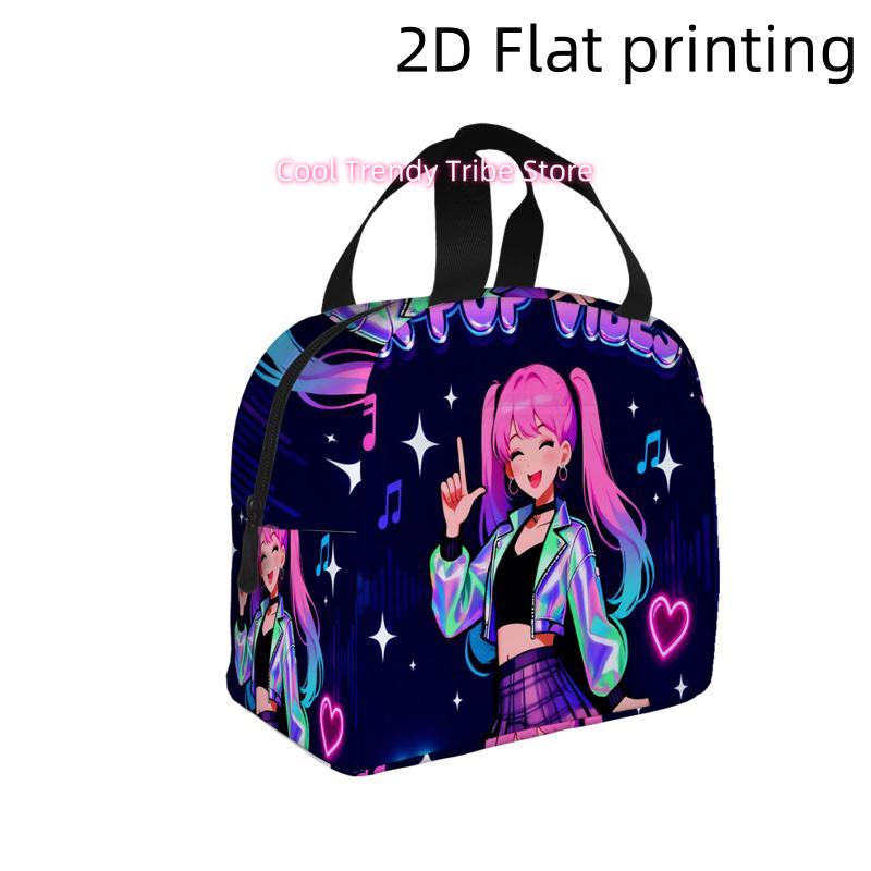 1pc, K-pop Girl with Pink Hair and Vibrant Outfit. Printed Insulated Cooler Bag - Reusable Portable Hot Cold Bag for Home Office