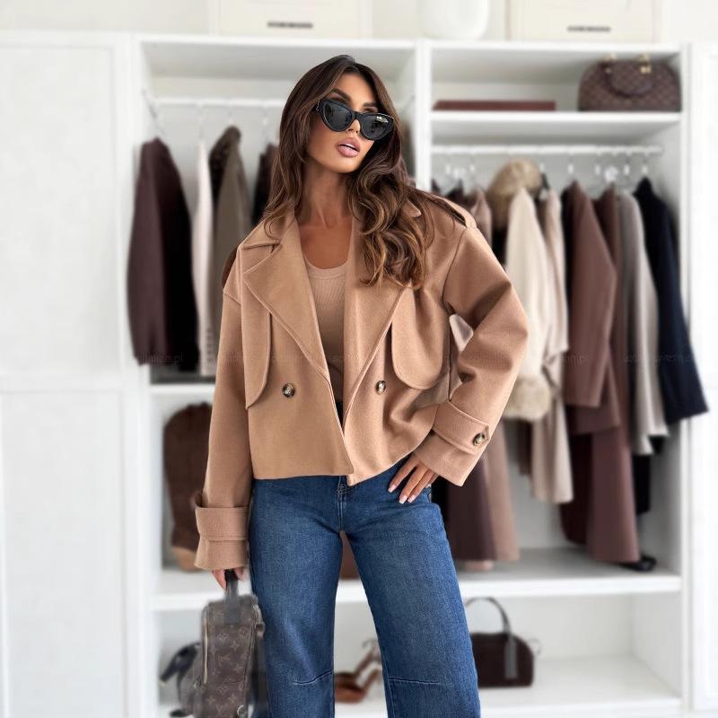 Podzimní/Zimní Jednobarevný Ležérní Vlněný Kabát s Dlouhým Rukávem