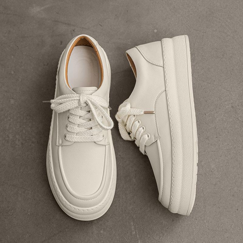Fashion Korean Style Mens Casual White Shoes Lace-up Flats Platform Shoe Breathable Genuine Leather Sneakers Youth Street Trend Footwear