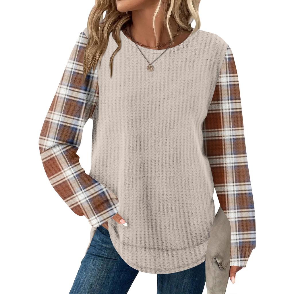 Women's Plaid Print Round Neck Long Sleeve Casual Loose Top