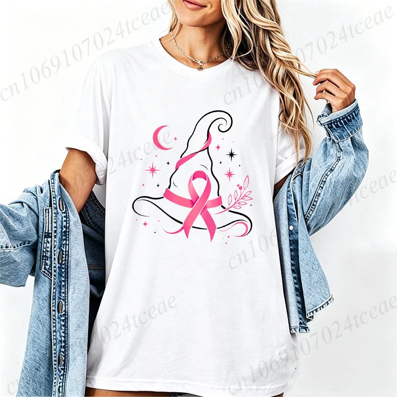 Pink Witch Hat Design T-Shirts Breast Cancer Awareness Women's Tee Shirts Pink Ribbon Halloween Graphic T-Shirts Gifts