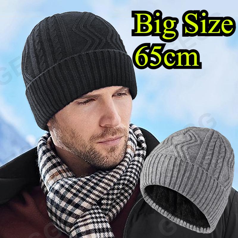 Taille XL 62cm Bonnet Tricoté Homme Hiver Chaud Bonnet en Laine Tendance Grande Tête Bonnet en Laine Épaissi Doublé Polaire Anti-froid Bonnets en Coton