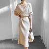 Women's V-neck High Waist Sweater Slim Long Sleeve Mid-length Knitted Dress