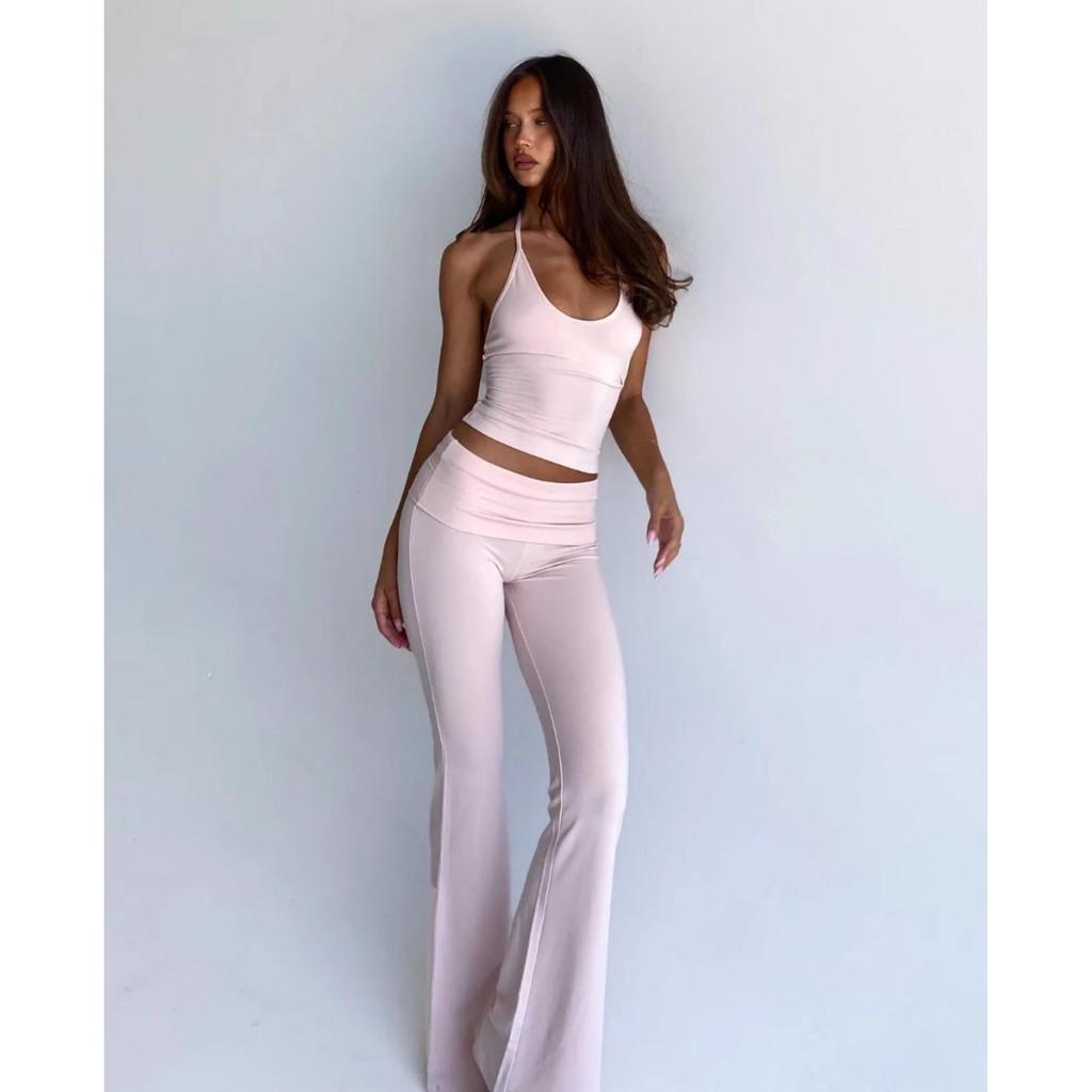 European & American Light Pink Yoga Flare Pants and Halter Sports Top