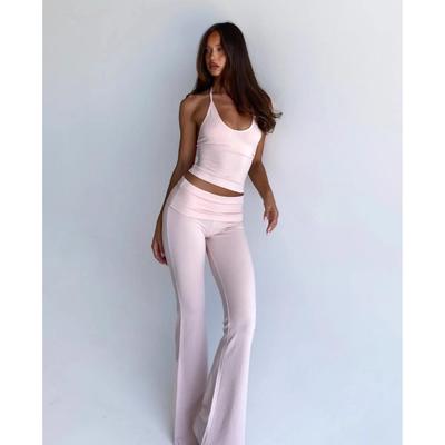 European & American Light Pink Yoga Flare Pants and Halter Sports Top