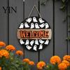 Spooky Party Decorations Halloween Hanging Door Sign, Wooden Front Hanger Wreath, Cute Holiday Decoration Ghost Welcome Sign for Porch Wall