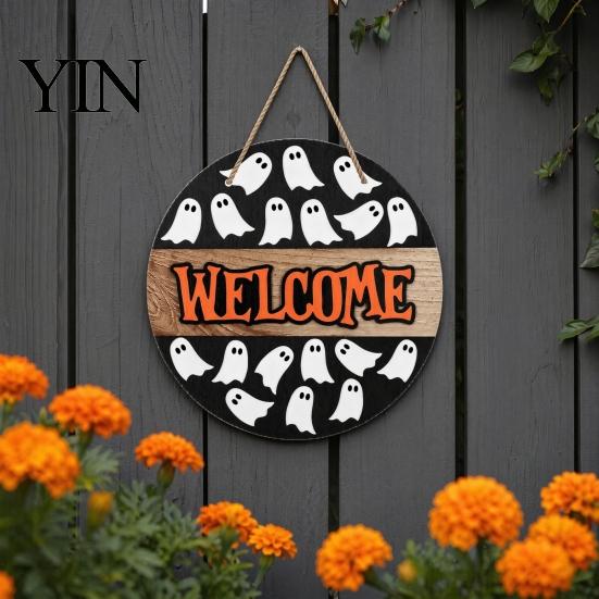 Spooky Party Decorations Halloween Hanging Door Sign, Wooden Front Hanger Wreath, Cute Holiday Decoration Ghost Welcome Sign for Porch Wall