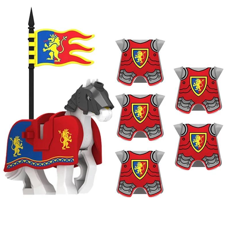 MOC Medieval Red Lion Black Eagle Castle Soldier Knight Horse Mount Building Block Military Figure Vest Armor Flag Toy Gift B036