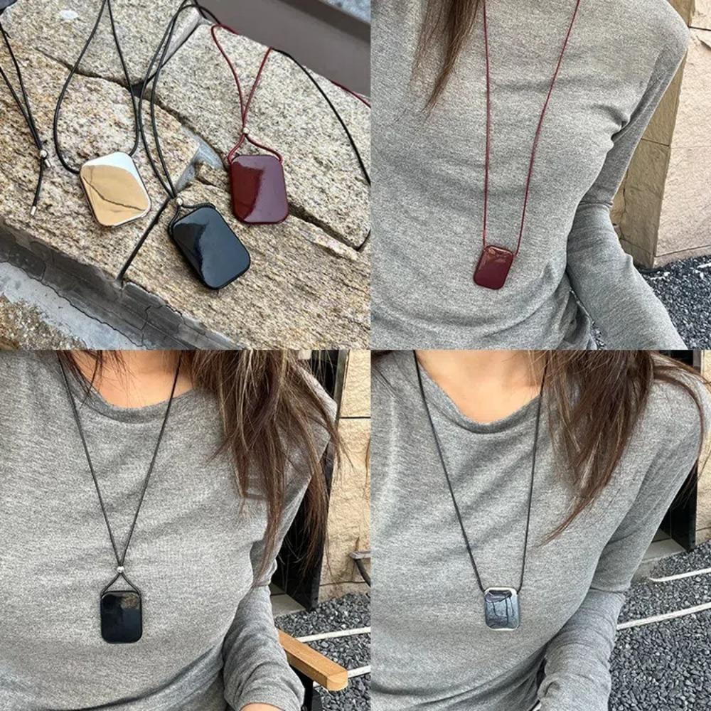 Adjustable Square Pendant Necklace Leather Rope Fashion Necklace Vintage Long Sweater Chain Girl