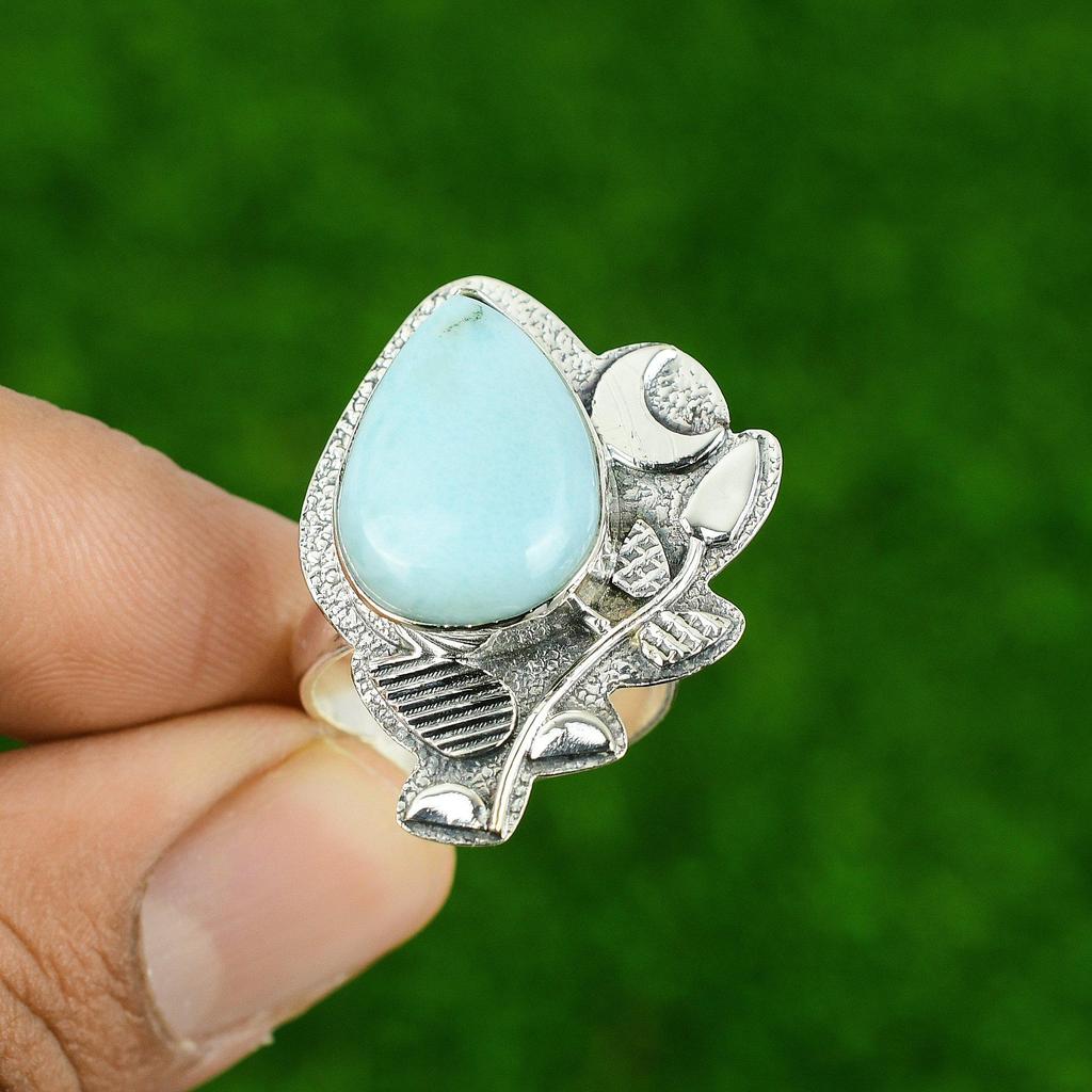 Sterling Silver Natural Larimar Cescent Moon Stackable Statement Ring Jewelry
