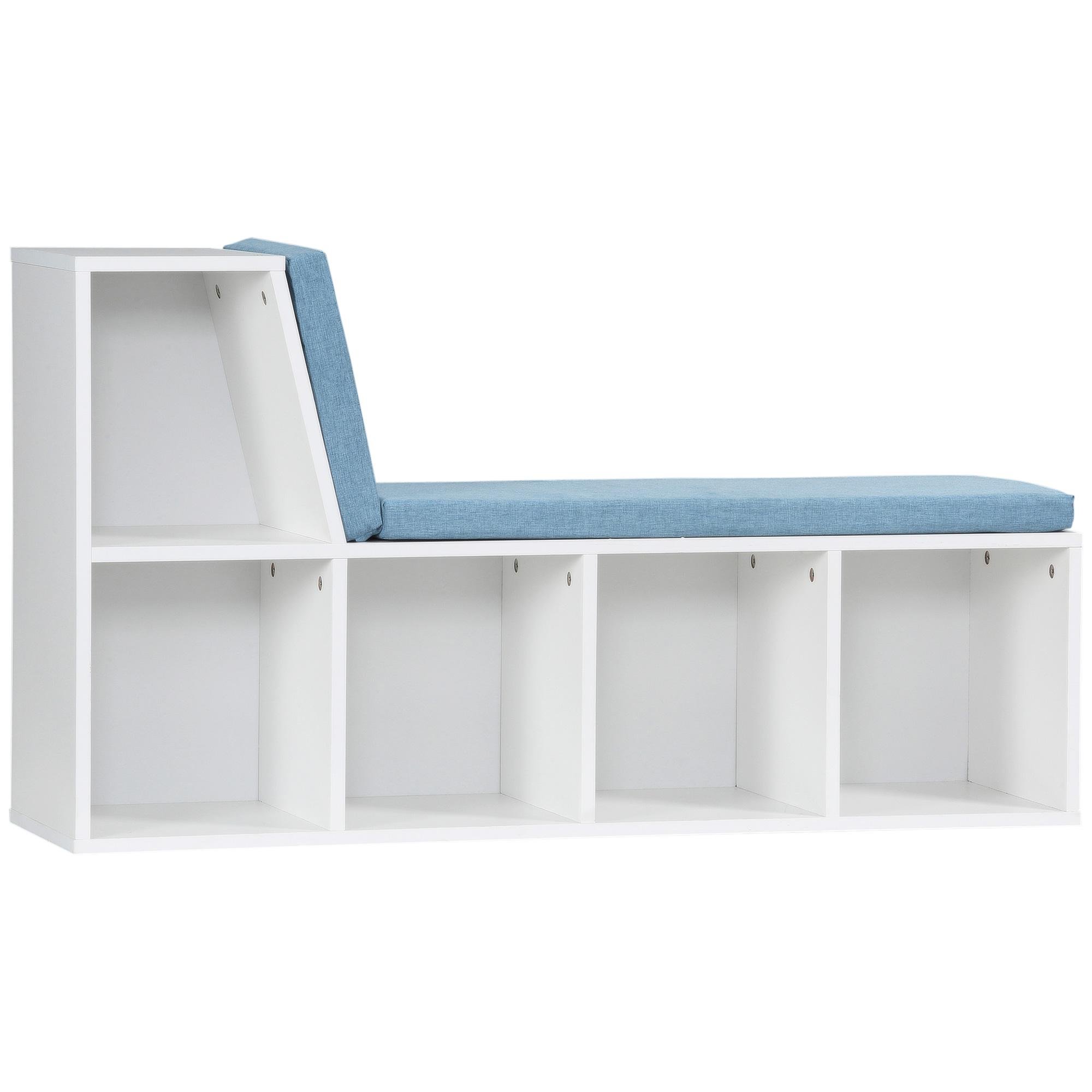 Lavička s knihovnou 2 v 1 s 5 úložnými přihrádkami a 2 polštáři 108 x 30 x 60 cm bílá modrá 108 x 30 x 60 cm