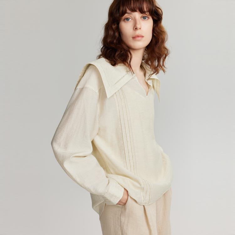 ELLE Unique And Beautiful French Design Long Sleeve Navy Collar Shirt Women tops Light-Yellow EM48639