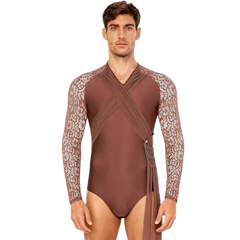 Mens Latin Dance Bodysuit Sheer Floral Lace Long Sleeve Ruched Mesh Layer Drape Chain Tassel Leotard Jumpsuit