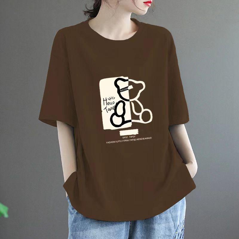 

Бренд первой линии Снято с прилавка Срезать бирку Женская одежда Чистый хлопок Принт Свободная Футболка с коротким рукавом На каждый день Женская Летняя Coffee [White Bear]] 3XL