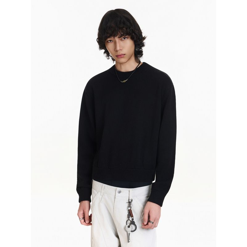 Blaexit American-Style Loose Round-Neck Short Sweater for Men, Winter Fleece-Lined Thick Black Knit Top
