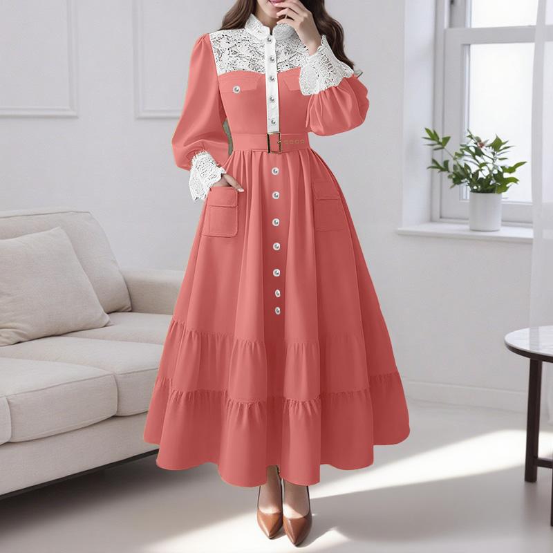 

ZANZEA Женское повседневное платье с круглым вырезом и длинными рукавами, с кружевной отделкой 2XL