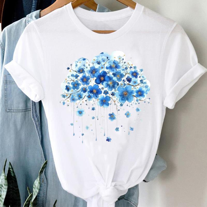 (Asian Size) Love Heart Flower Clothing Lady O-neck Short Sleeve T-shirts Printed Female Top Casual T Shirt Fashion Women Graphic Tee