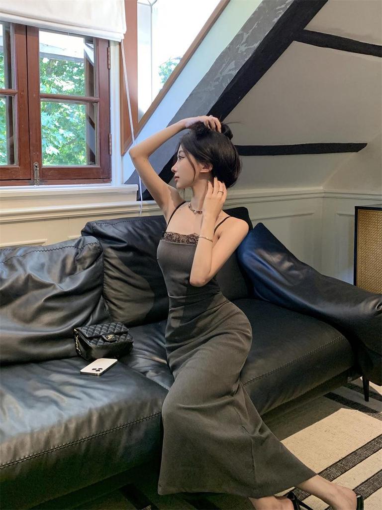 2025 Women's Petite French Gray Lace Patchwork Camisole Dress - Summer Hip-Hugging Long Dress