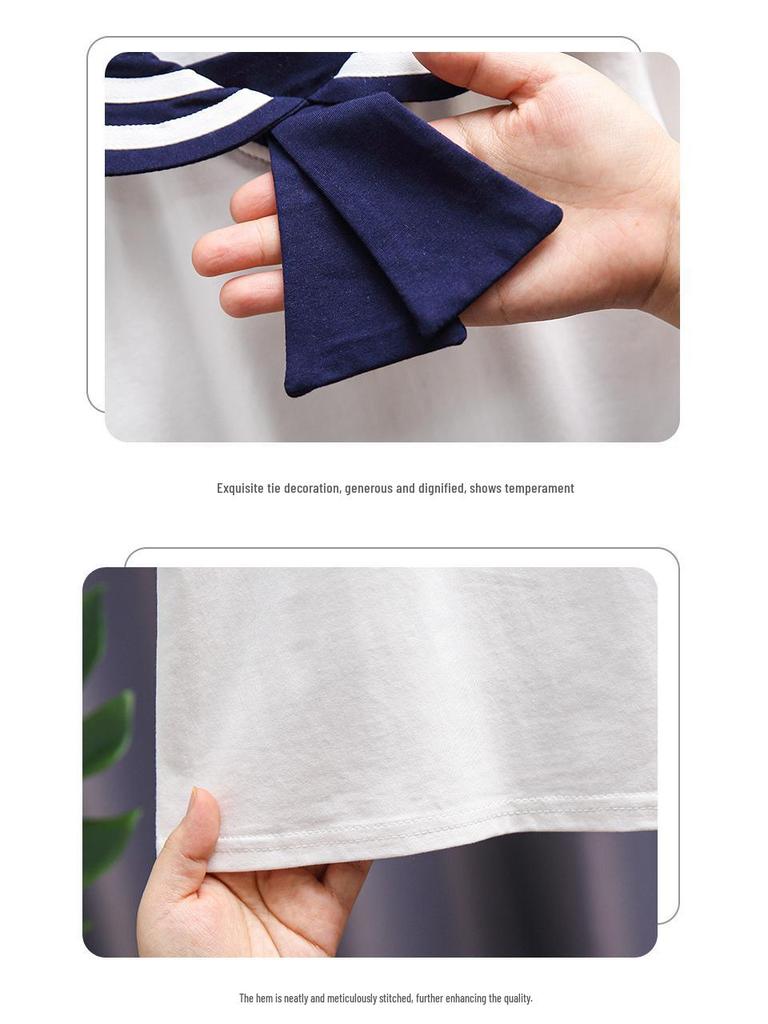 Hochwertiges Mädchen-Baumwoll-T-Shirt im koreanischen Stil mit Matrosenkragen - Kurzarm, Sommermode für kleine Mädchen, Größe 6