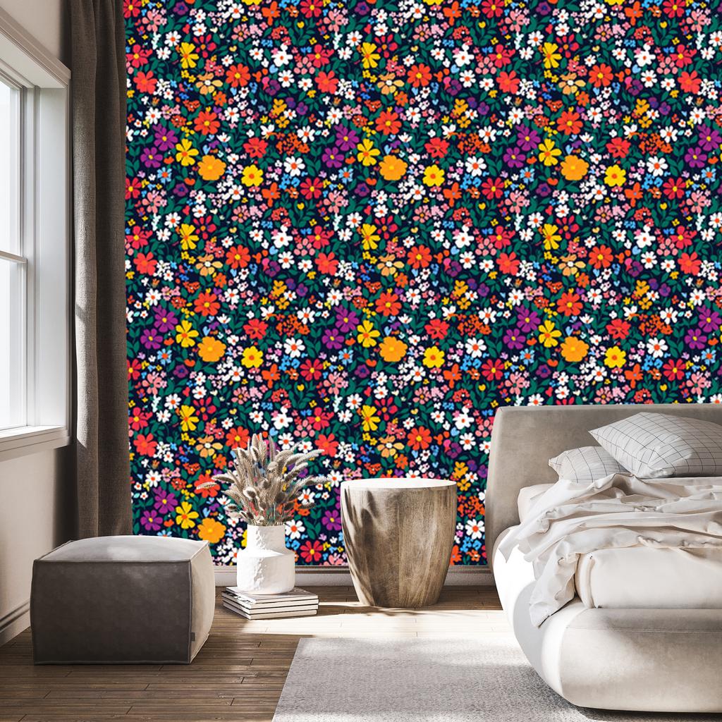 Wallpaper Small Flowers Turquoise and Navy Blue for Living Room and Bedroom 50x1000
