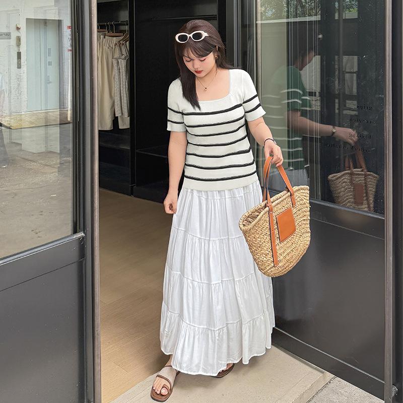 Large size women's clothing square neck contrasting striped knitted sweater summer and Korean version thin short-sleeved T-shirt 212101