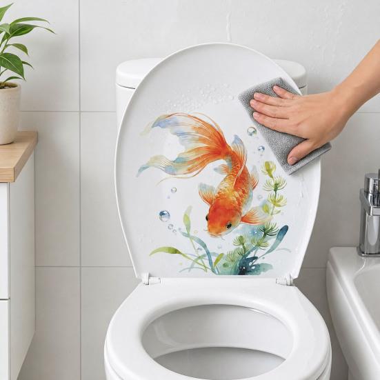 yangyizhi Watercolor Goldfish Toilet Seat Sticker, & Water Plants Tank Waterproof PVC Bathtub Decal, Self-Adhesive Lid Decals for Bathroom Decor
