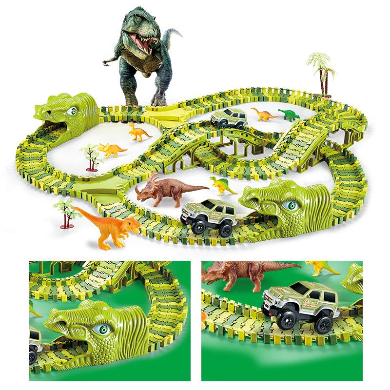 Dinosaur Race Track Set Rail Car Toys Assembly Bend Flex Racing Track Led Electronic Flash Light Car Toys for Children Years Gift