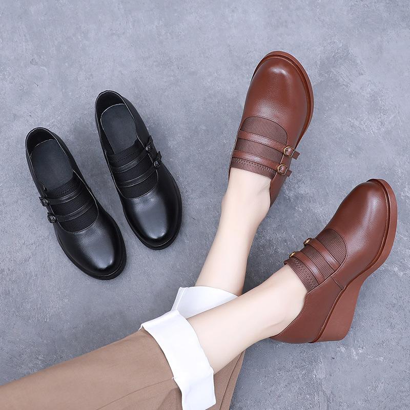 Fashion GKTINOO 2025 Wedges Women Shoe Spring Autumn Slip-On High Heels Round Toe Genuine Leather Casual Ladies Platform Shoes Woman