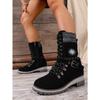 Plus Size Mid-Calf Women's Boots 2025 Winter New Arrival Round Toe, Square Heel Leather Buckle & Knit Panel Combination Martens-Style Boots