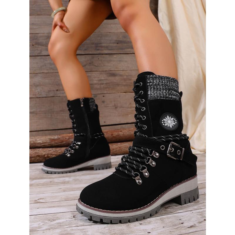 Plus Size Mid-Calf Women's Boots 2025 Winter New Arrival Round Toe, Square Heel Leather Buckle & Knit Panel Combination Martens-Style Boots