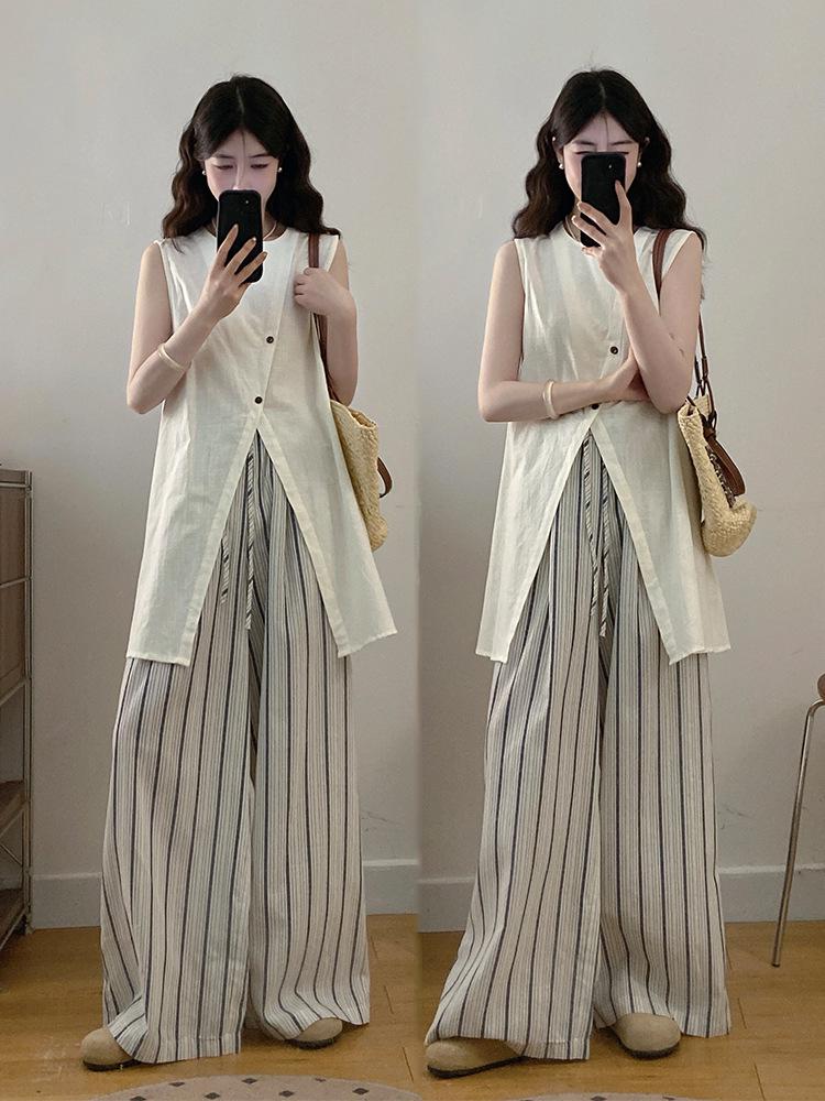 

Plus Size Women s 2026 Summer Sleeveless Layered Stripe Top & Wide-Leg Pants Set XL
