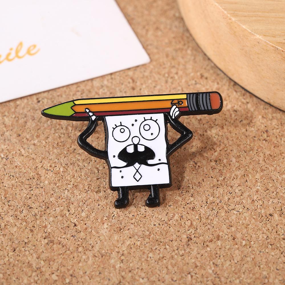 Alloy SpongeBob SquarePants Holding a Pencil Cartoon Brooch Fashion Fun Oil Drip Badge Oil Drip Craft