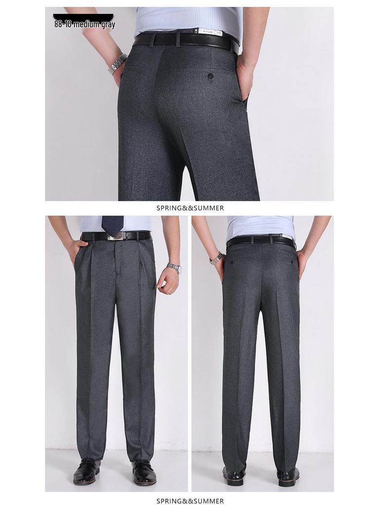 Men's Summer Mulberry Silk Dress Pants: Double Pleated, Loose Fit, Straight Leg, High Waist, Deep Crotch.
