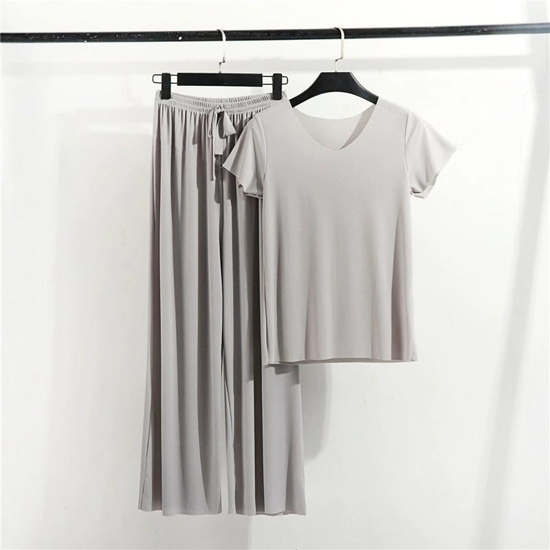 Dámská letní jednobarevná volná pohodlná souprava ležérní svetr s krátkým rukávem + kalhoty, domácí oblečení, dvoudílná souprava