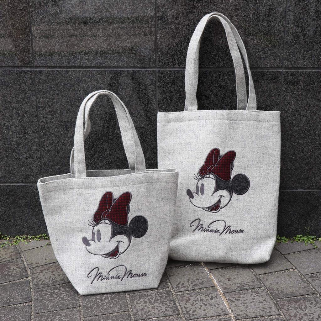 Marushin Disney Minnie Mouse Tote Bag, H35 x W32 x D8cm (excluding handles), featuring a big cute ribbon. Made with wool fabric by MOON, UK. Product