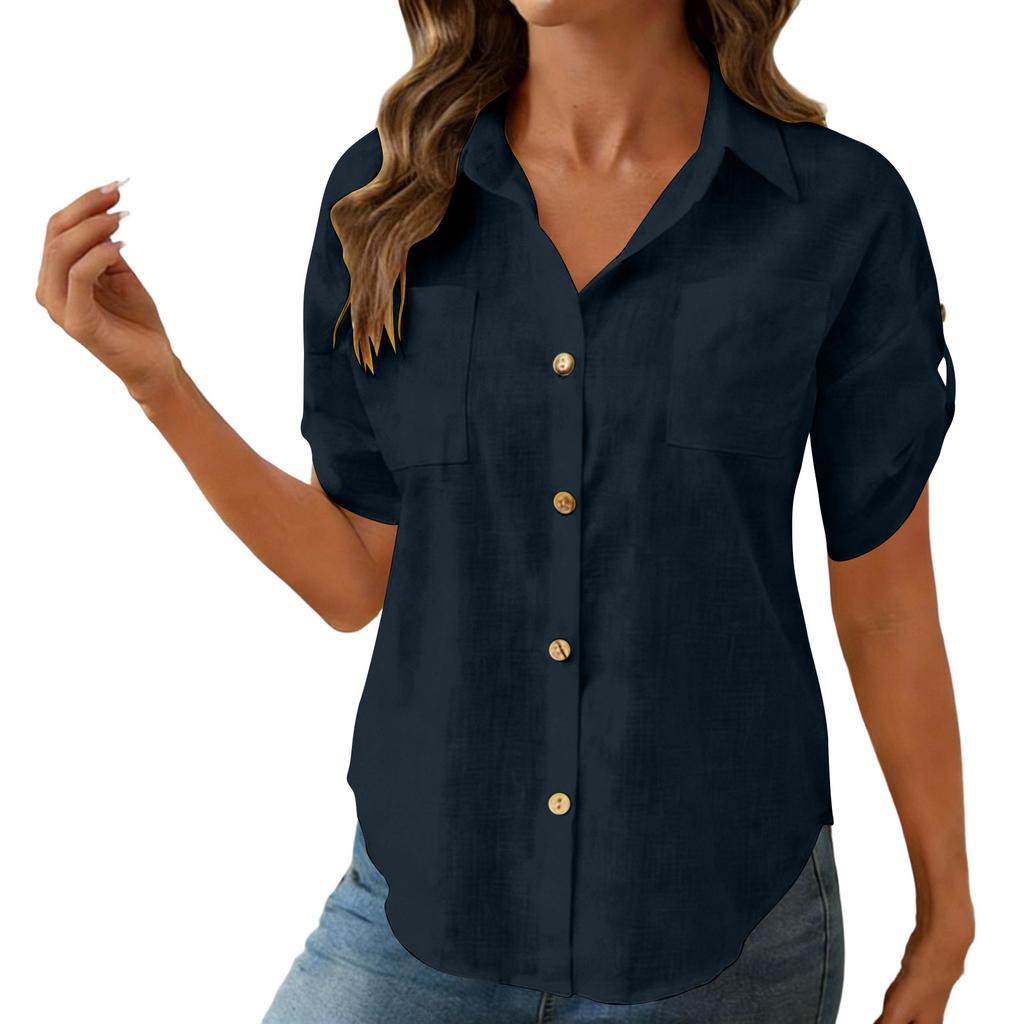 Women's Fashion Casual -Colour Short-Sleeved Buttoned Pocket Cardigan T-Shirt Top