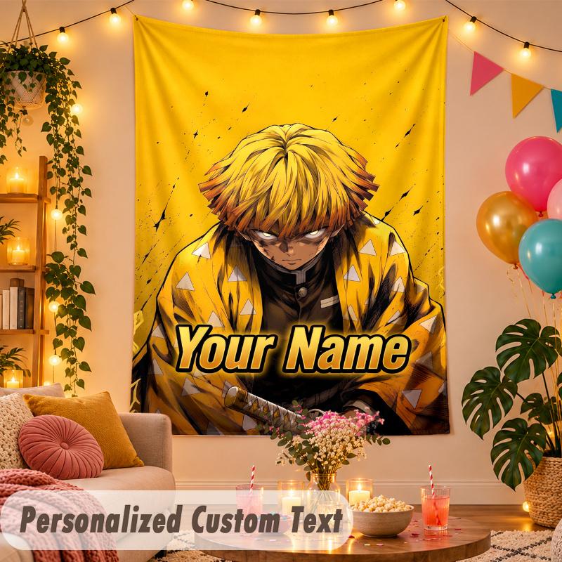 Zenitsu Agatsuma Personalized Wall Tapestry Custom Name Text Polyester Hanging Decor Home Room