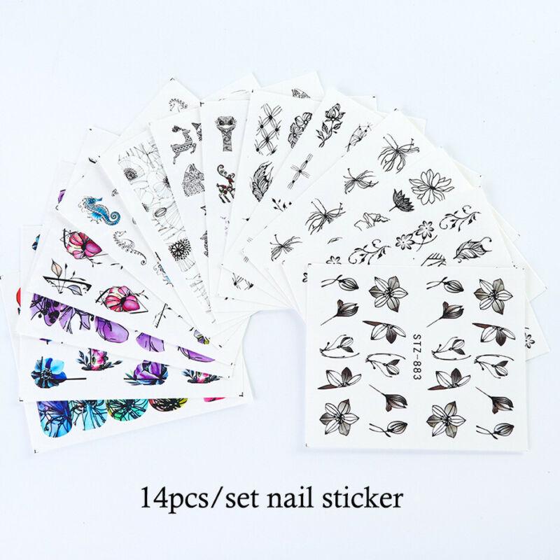 14 Sheets Nail Art Stickers Ink Outline Flower Water Transfer Decals Tips DIY