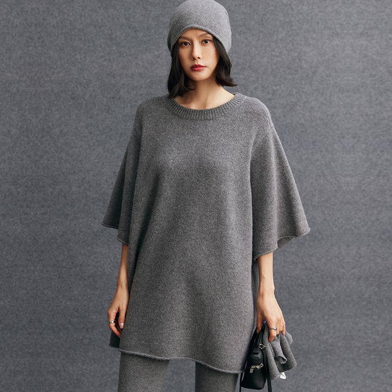Damen Kaschmir Pullover mit Rundhalsausschnitt - Winter 2026, Mittellang, Fünf-Punkt-Ärmel, Sanfter Stil, Lockere Passform, Schlankmachende Strickware.