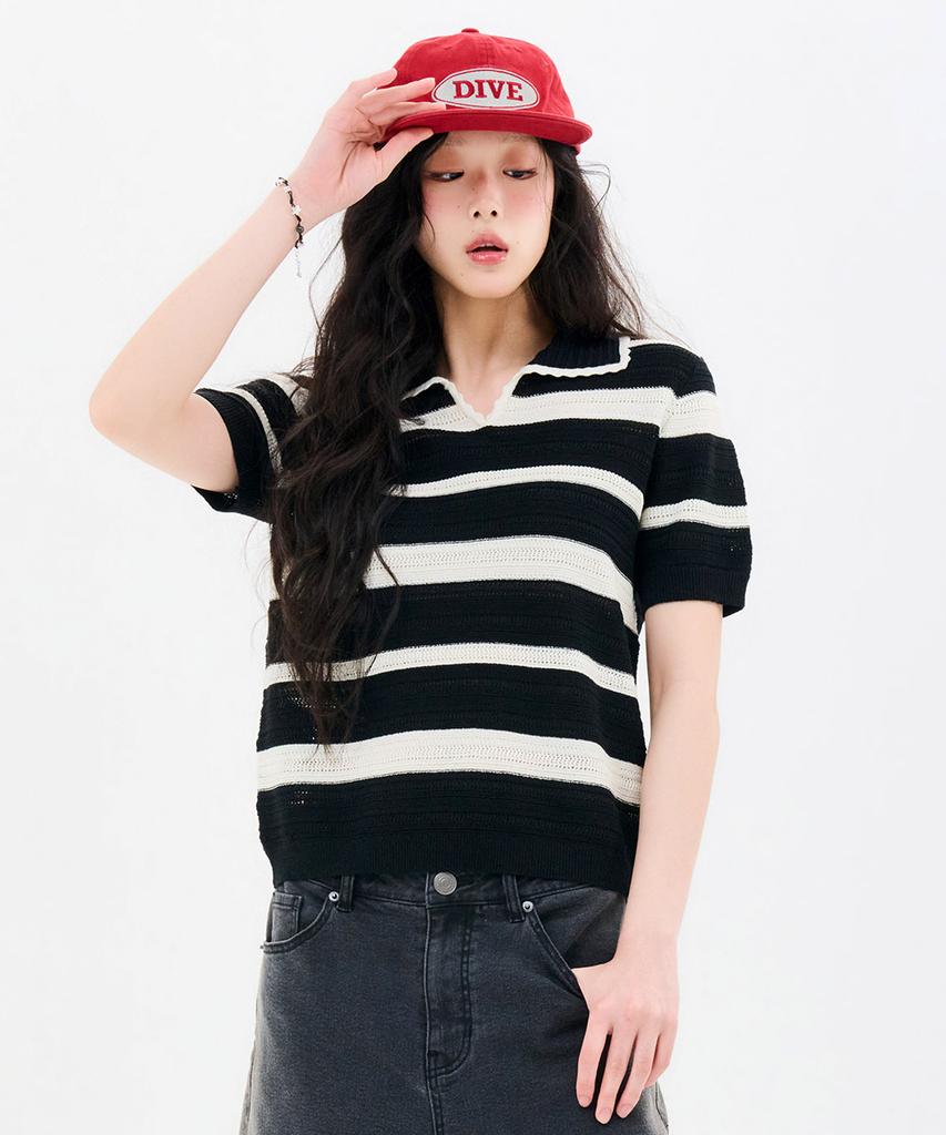 CHASECULT Women'S Striped Open Collar Short Sleeve Summer Knit-Fbrg5672D03