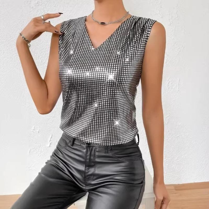 Summer new silver V-neck vest women's casual breathable sleeveless top