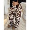 White Backing Brown Cow Spot Print, Women's Autumn and Winter Thickened Fleece Thermal Home Pants