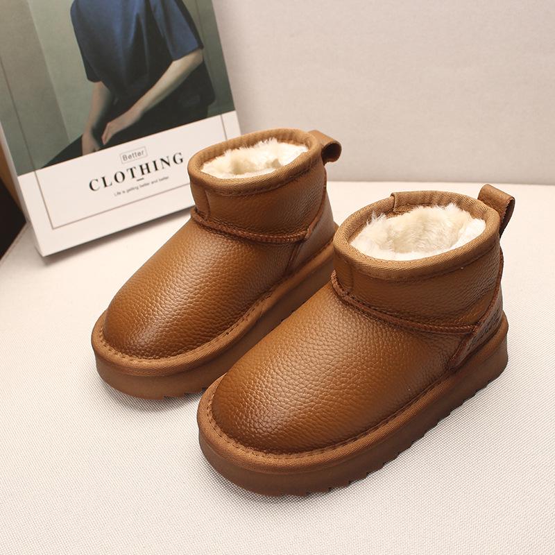 2025 Winter Genuine Leather Kids' Fleece-Lined Snow Boots - Warm, Thickened Short Boots for Boys and Girls