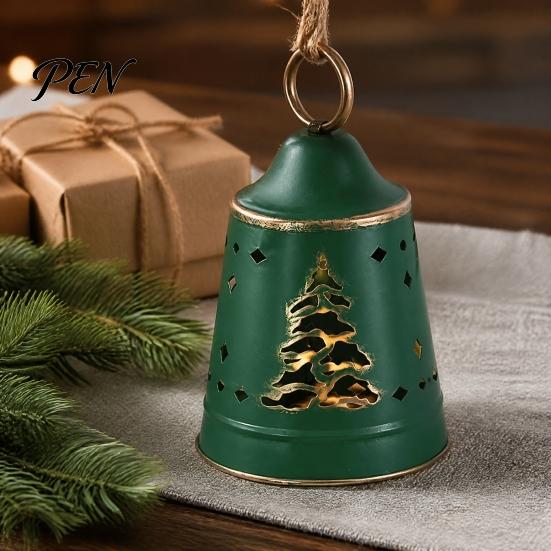 Vintage Holiday Decor Metal Bell Christmas Ornament, Large Iron Hanging with Ornaments Hollow Carved Tree Pattern for Door, Garland, Wreath,