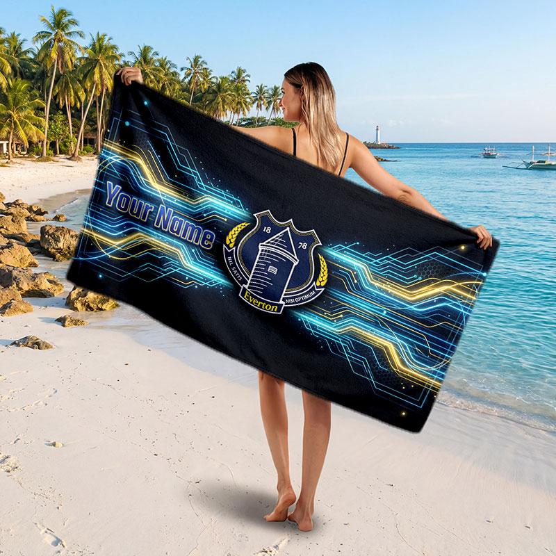 Everton FC Custom Beach Towel, Personalized Name Text Print, Football Logo Soft Quick‑Dry Towel Holiday Gift
