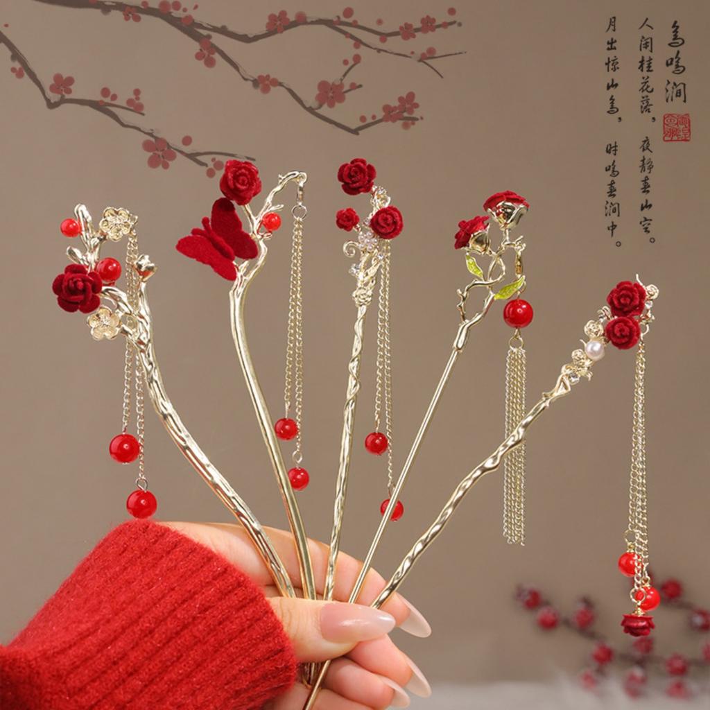 Vintage Chinese Style Rose Hairpin For Women Red Flower Element Tassel Hair Stick Elegant Exquisite Handmade Hair Accessories