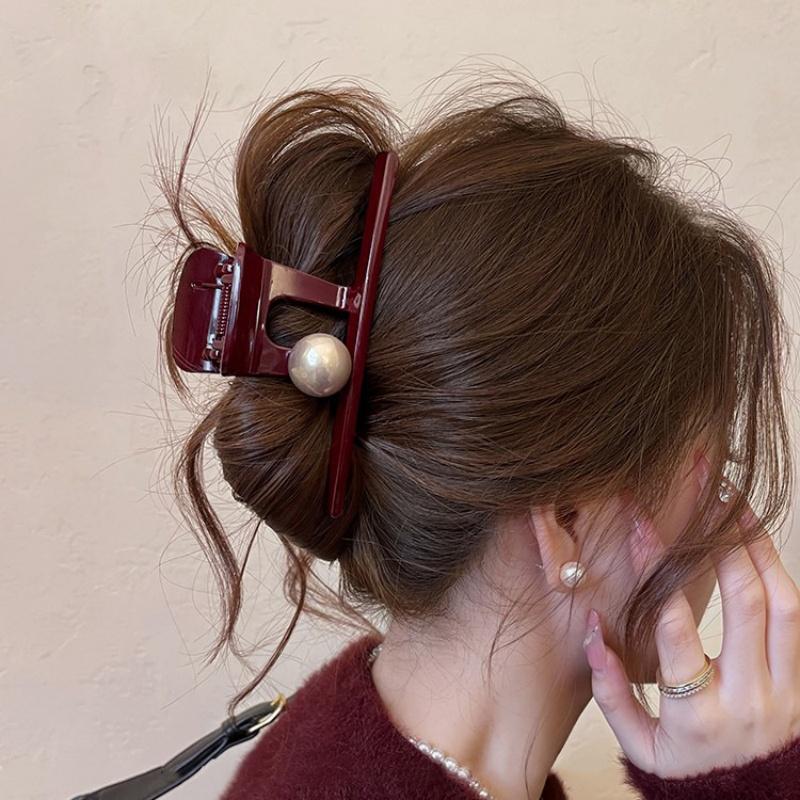 Große rote Perlenhaarspange für Damen Mädchen Kopfschmuck Einfache Haarnadel Haarvolumen Hai-Klammer Haarspange Hinterkopf Haaraccessoires