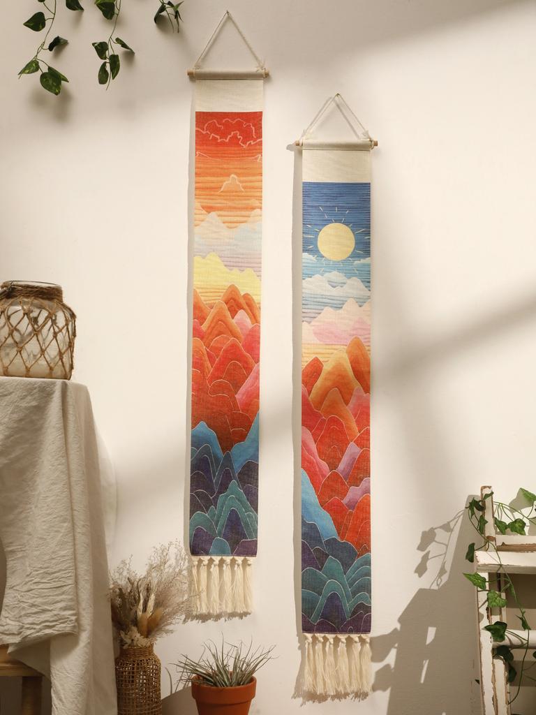 Macrame Tapestry Sunset Sunrise Handmade Wall Tapestries Boho Art Home Decoration Wall Hanging for Living Room Bedroom Ornament