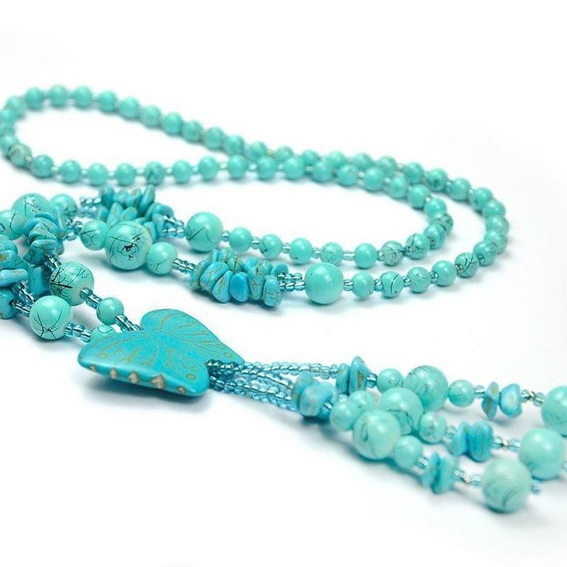 Vintage Turquoise Necklace Sweater Chain Long Butterfly Plate Necklace Rice Bead Turquoise Necklace
