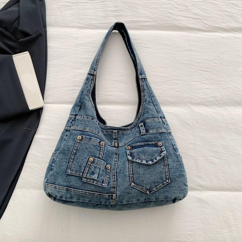 Washed Denim Slouchy Hobo Bag with Multiple Front Pockets Casual Large Capacity Shoulder Purse for Women Daily Travel